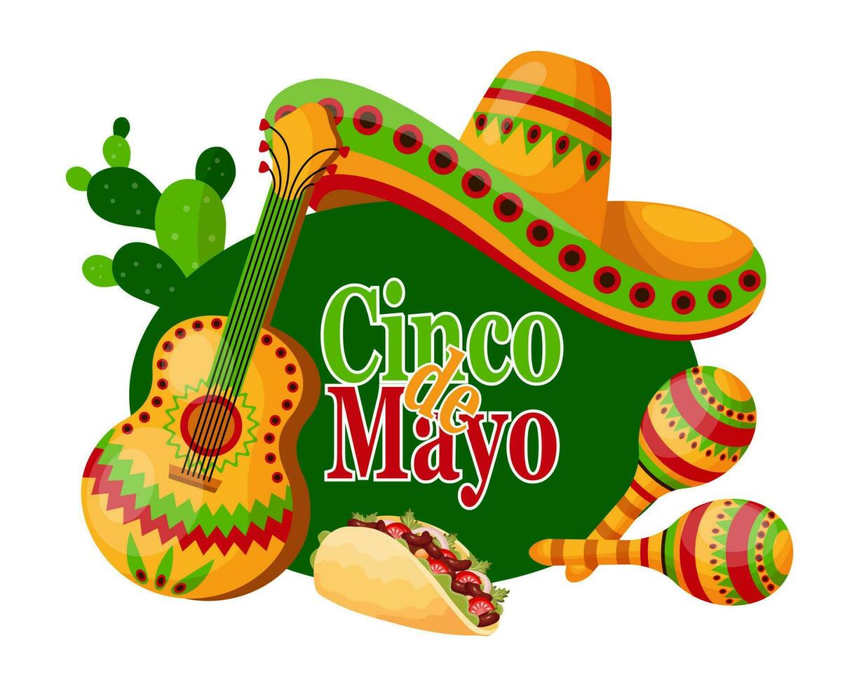 banner colorido cinco de mayo com símbolos mexicanos, tacos, guitarra, sombrero e maracas. ilustração, pôster, vetor