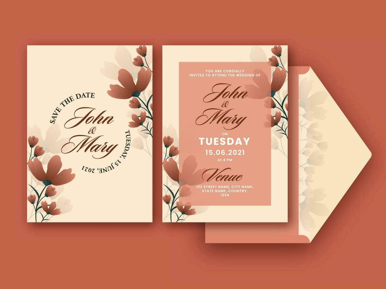 Casamento convite cartão decorado Castanho flores dentro frente e costas lado. vetor