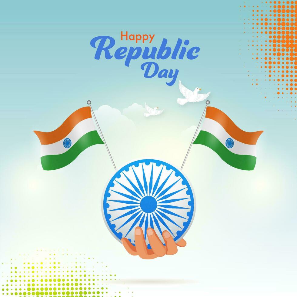 mão segurando ashoka roda com indiano bandeiras e pombas vôo em lustroso azul meio-tom efeito fundo para feliz república dia. vetor
