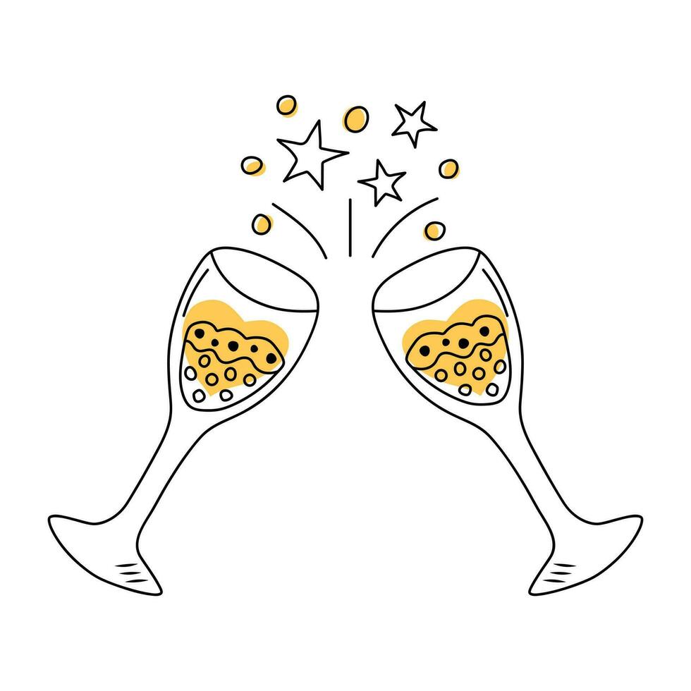 dois tilintar óculos com champanhe dentro rabisco estilo. saúde, feriado brinde, aniversário, festa, aniversário conceito. vetor