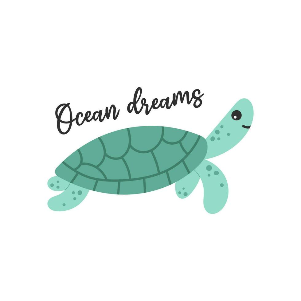 fofa kawaii tartaruga personagem. oceano sonhos letras frase. mão desenhado desenho animado vetor ilustração.