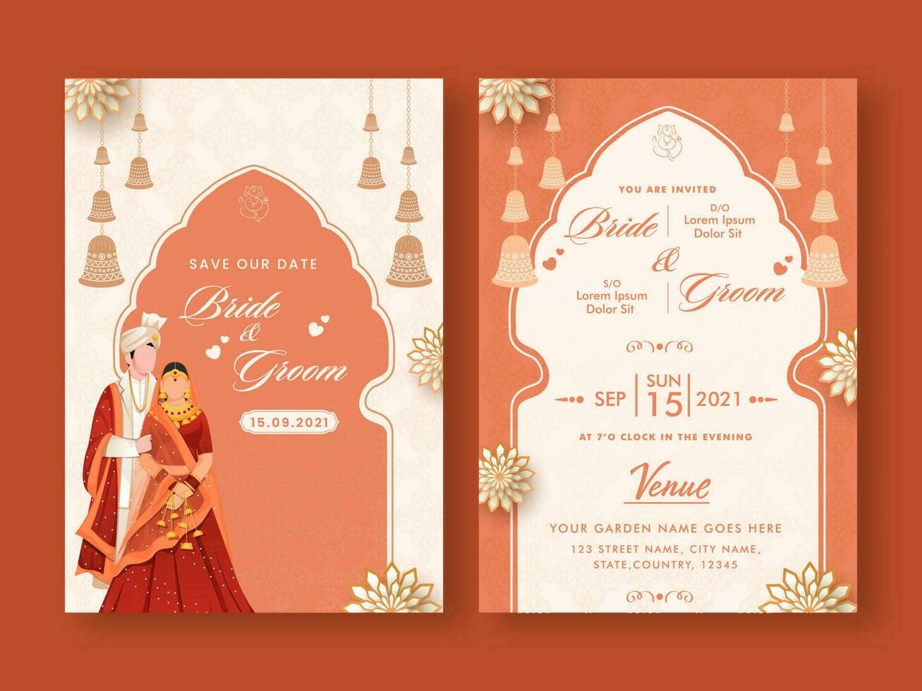 Casamento convite modelo disposição com indiano casal imagem dentro branco e laranja cor. vetor