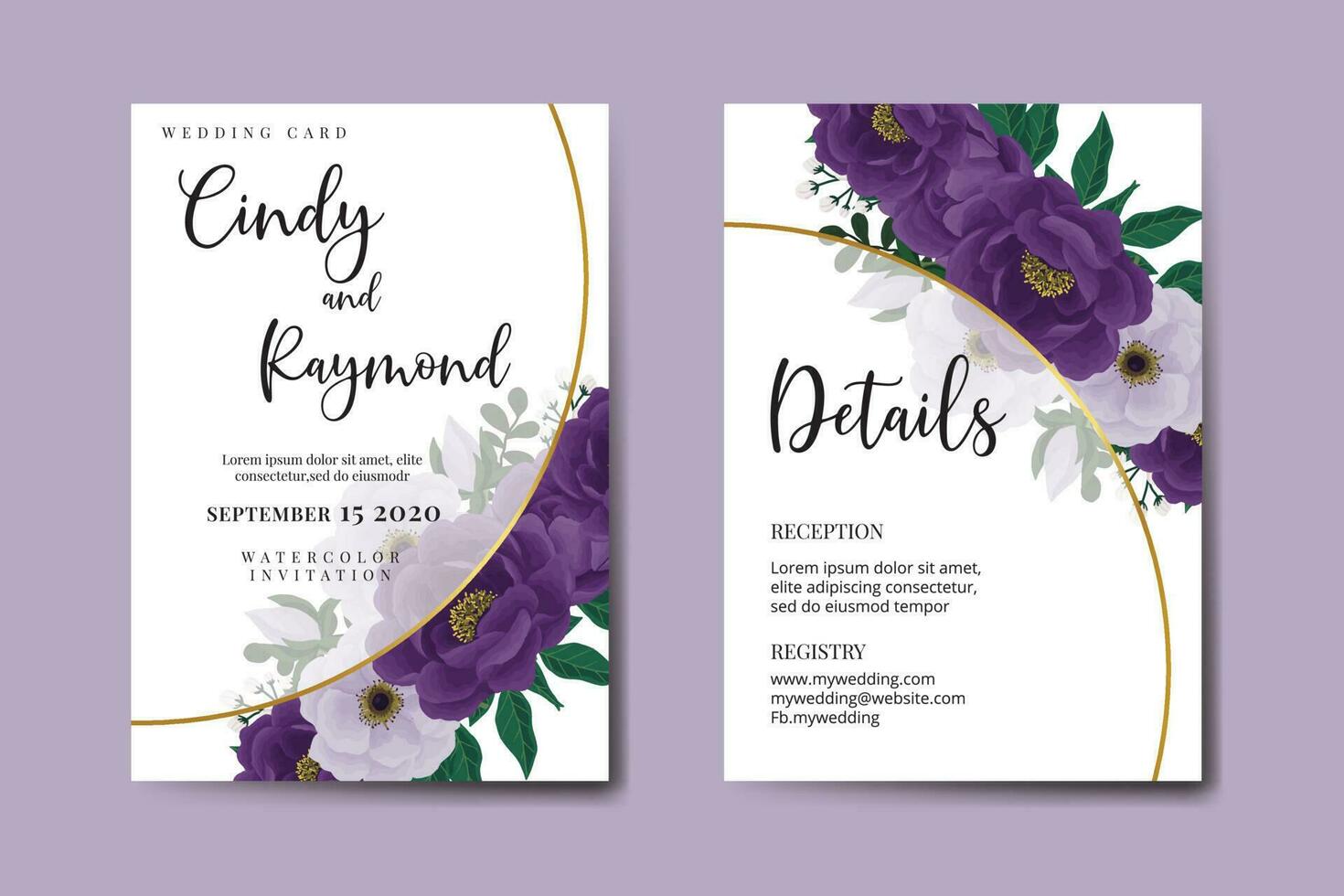 conjunto de moldura de convite de casamento, aquarela floral digital desenhado à mão modelo de cartão de convite de design de flor de peônia roxa vetor