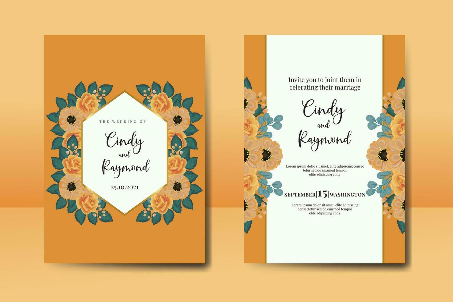 Casamento convite quadro, Armação definir, floral aguarela digital mão desenhado laranja rosa e anêmona flor Projeto convite cartão modelo vetor