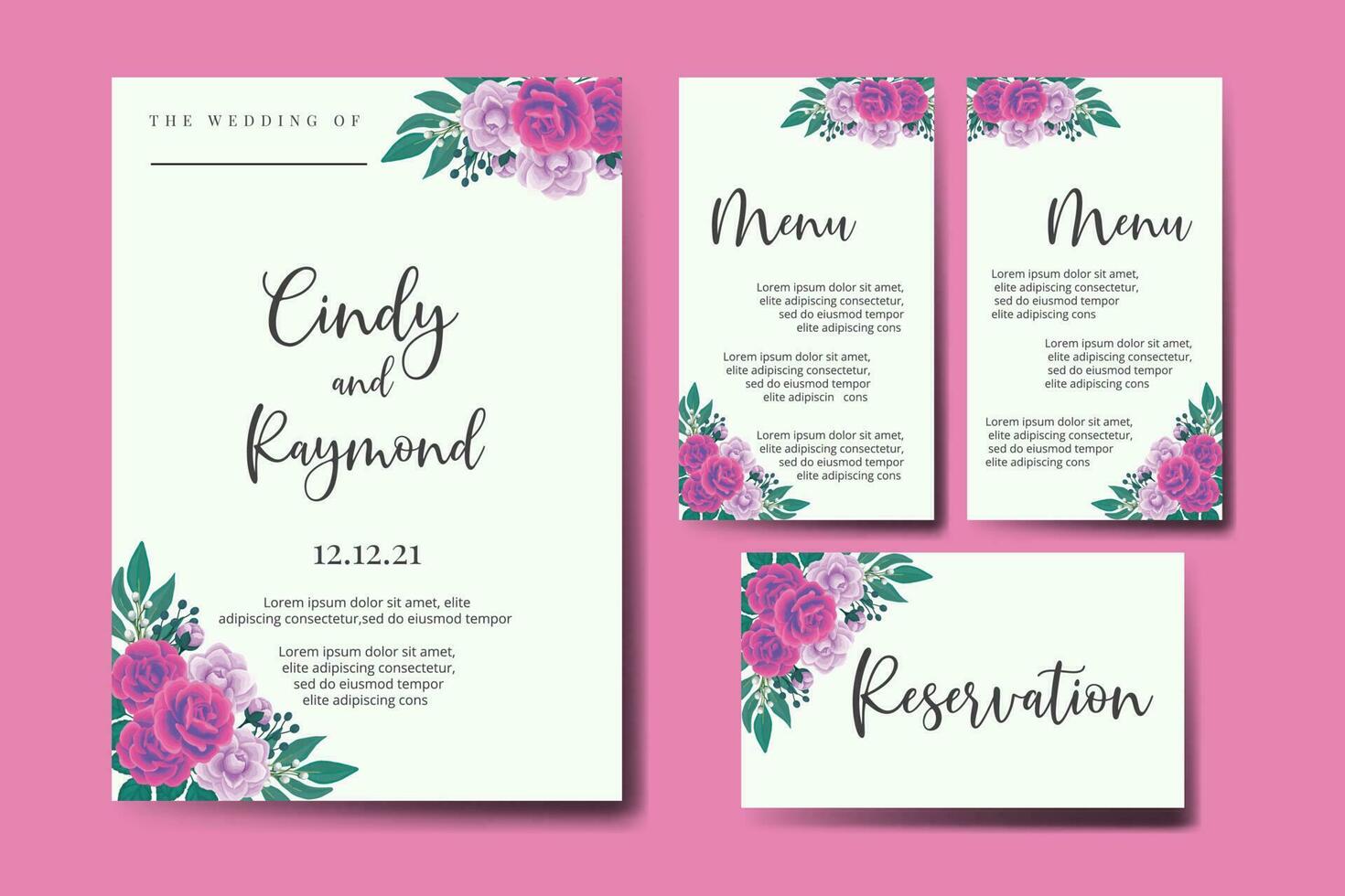 Casamento convite quadro, Armação definir, floral aguarela digital mão desenhado roxa anêmona flor Projeto convite cartão modelo vetor