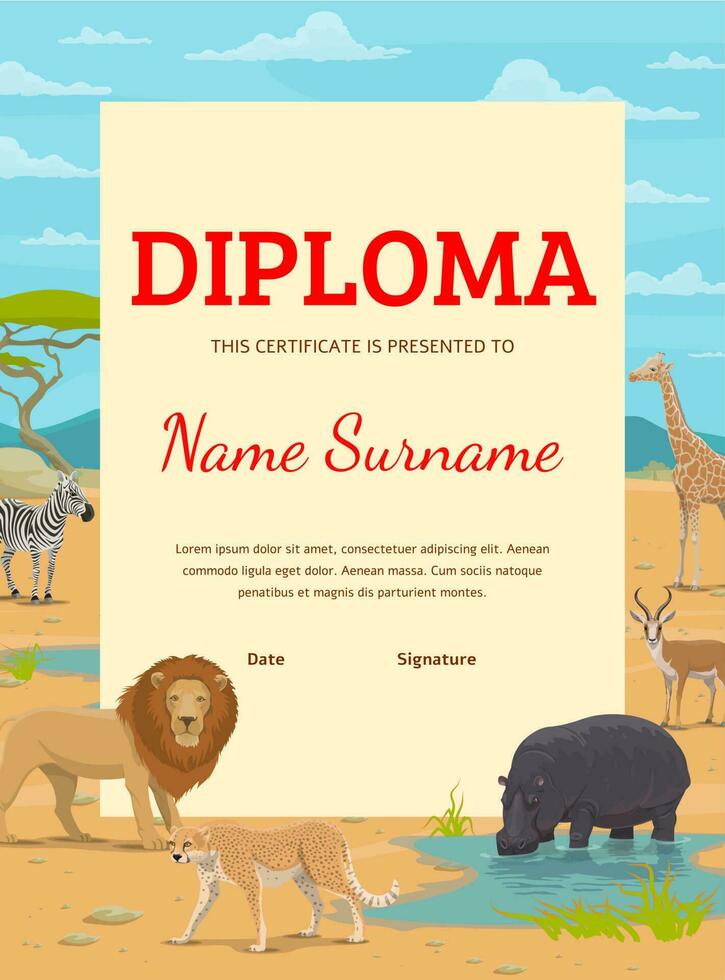 caçador diploma com desenho animado africano animais vetor