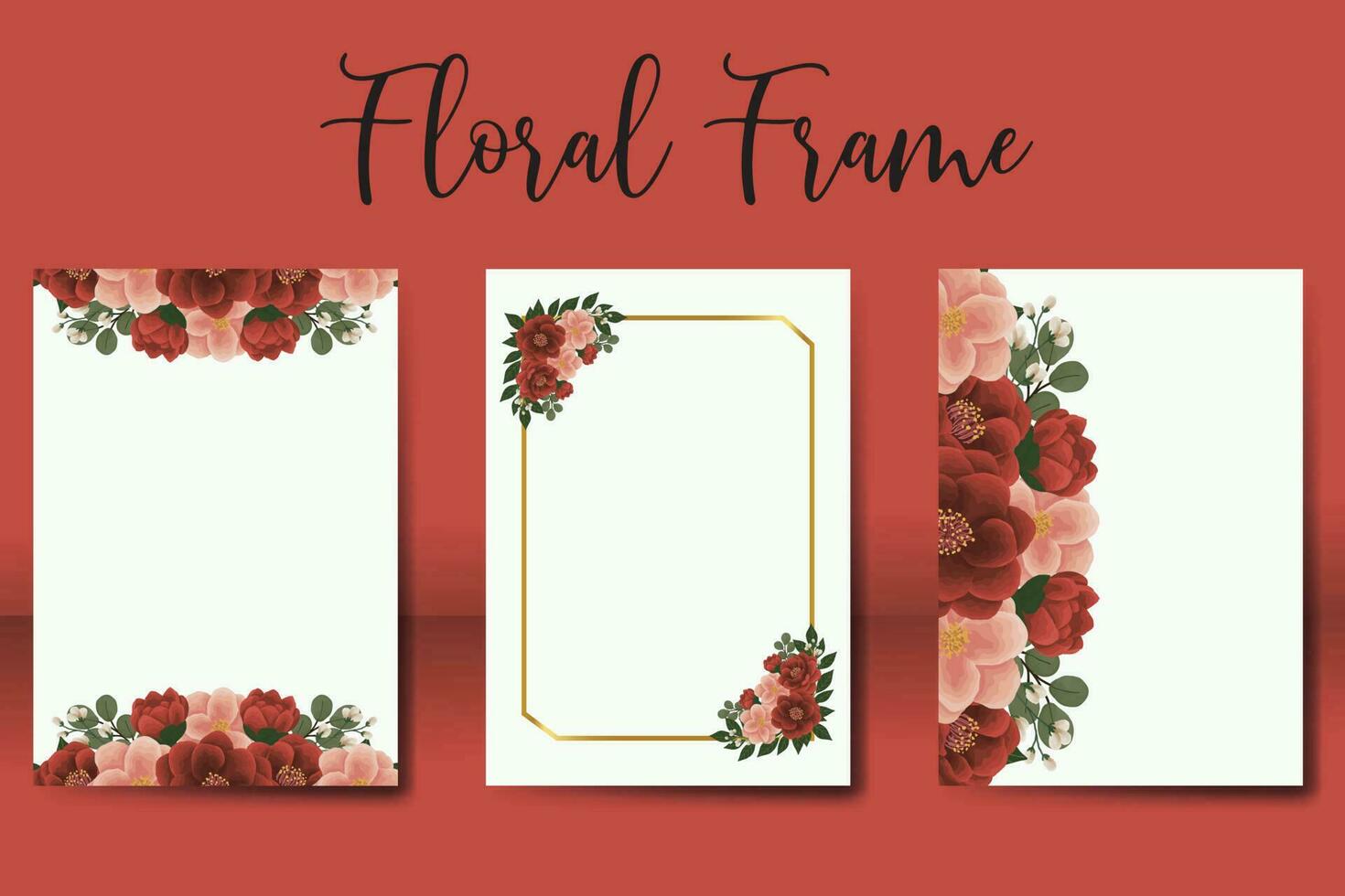 Casamento convite quadro, Armação definir, floral aguarela digital mão desenhado vermelho camélia flor Projeto convite cartão modelo vetor