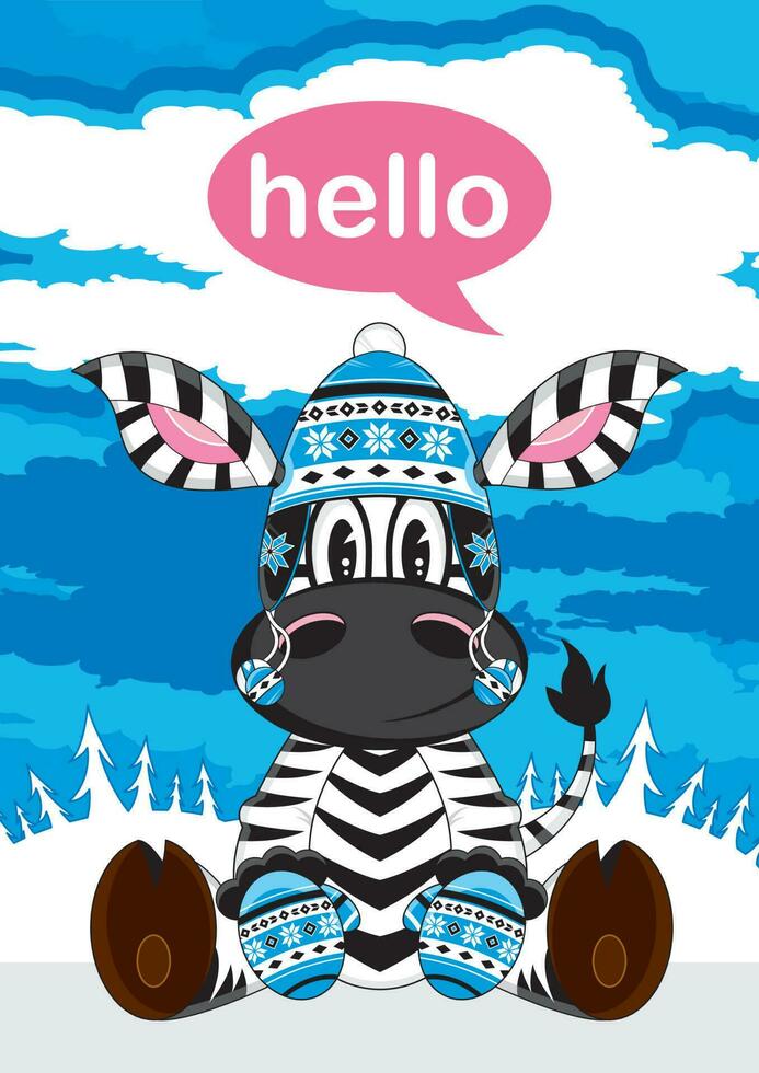 desenho animado adorável Olá zebra dentro lanoso floco de neve chapéu ilustração vetor