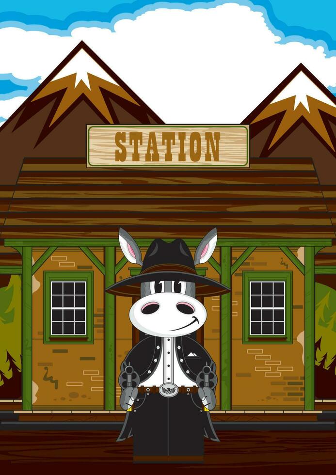 fofa desenho animado selvagem oeste asno vaqueiro bandido às a trem estação vetor