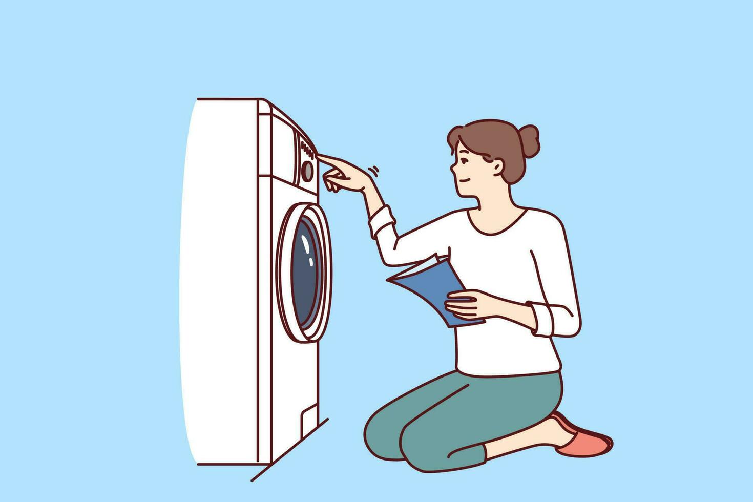 mulher voltas em lavando máquina em joelhos com papel instrução com regras para usando equipamento. casual jovem menina dona de casa com sorrir conjuntos acima Novo lavando máquina depois de estudando manual vetor
