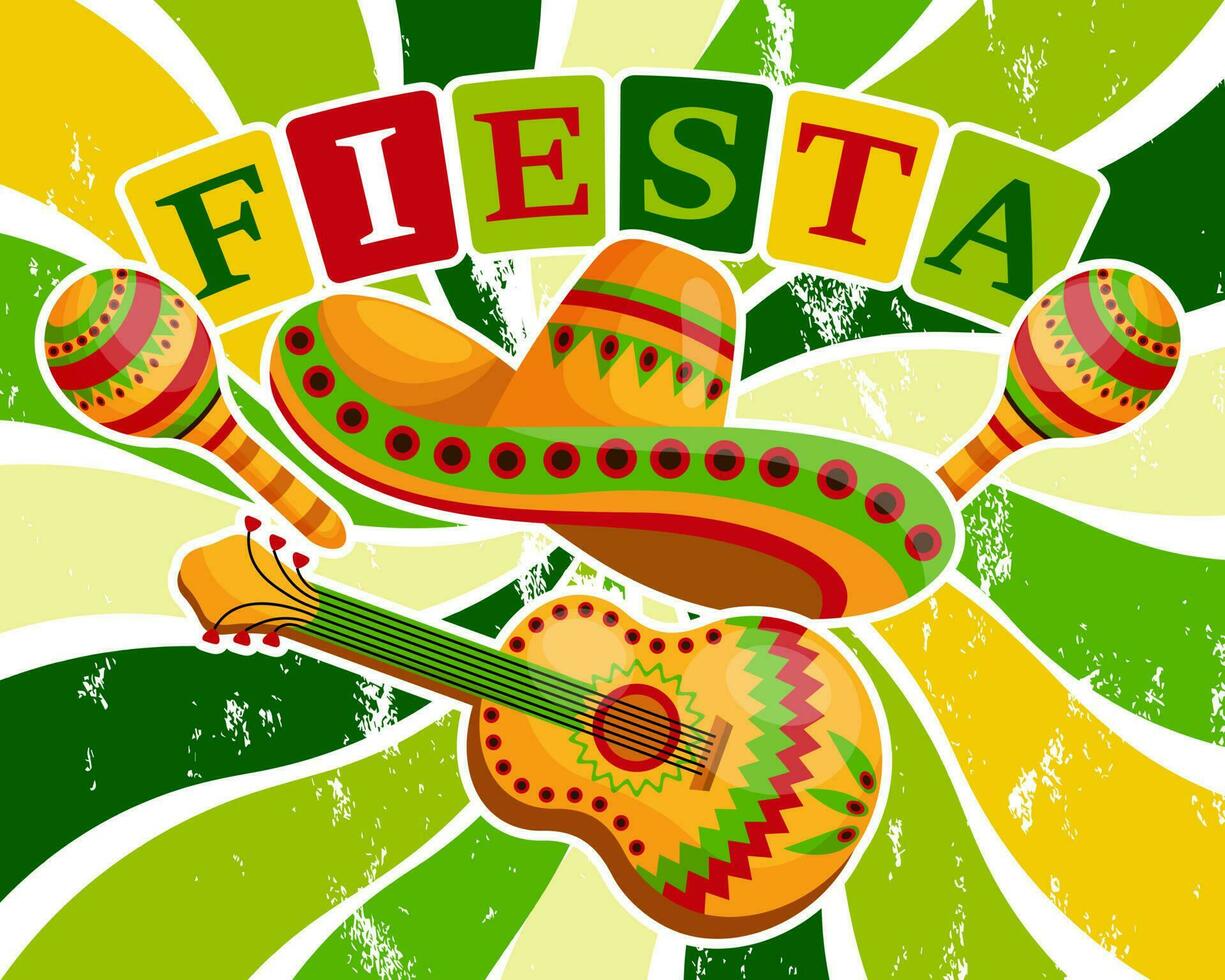 banner colorido cinco de mayo com símbolos mexicanos, tacos, guitarra, sombrero e maracas. ilustração, pôster, vetor