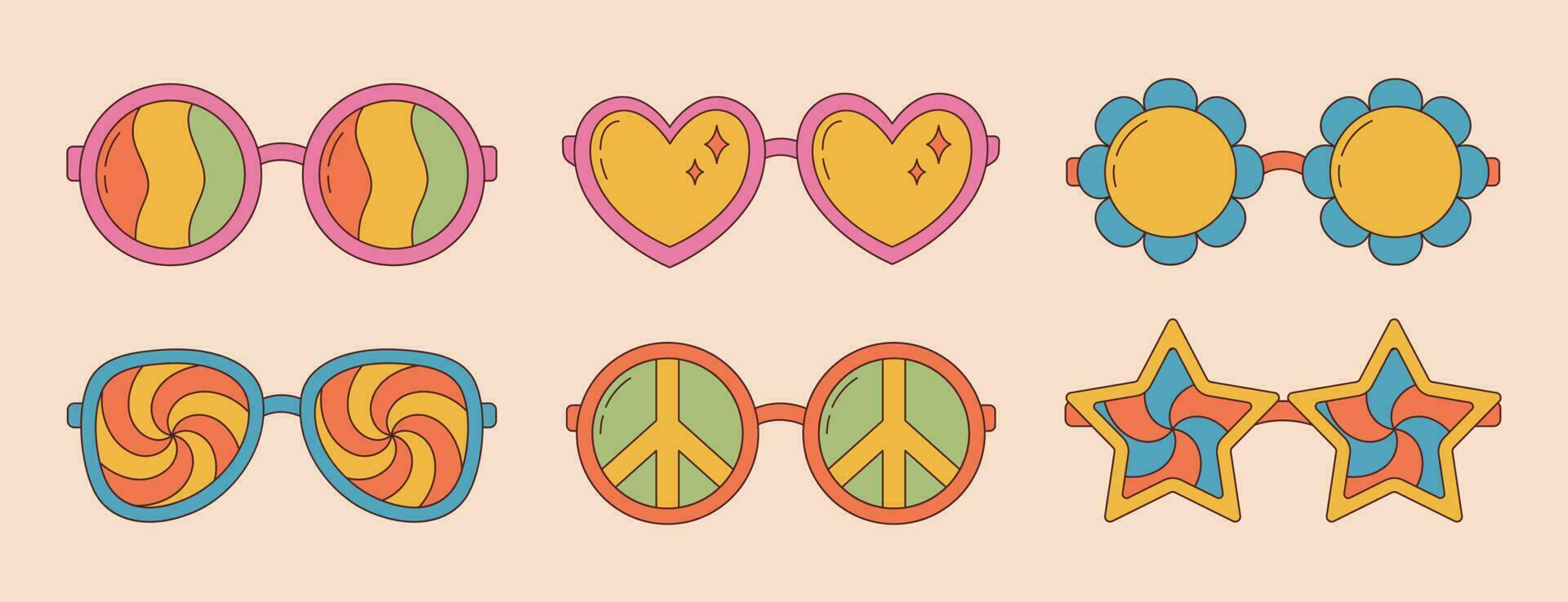 coleção do groovy hippie oculos de sol dentro na moda retro Década de 1970 estilo. desenho animado psicodélico elementos. vetor