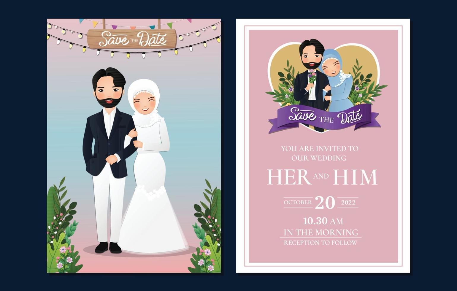 cartão de convite de casamento a noiva e o noivo bonito casal muçulmano dos desenhos animados em um vestido branco com laço. vetor
