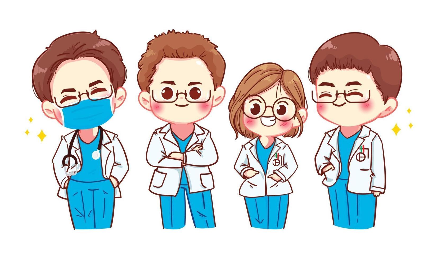 Conjunto de personagens de desenhos animados de médicos e