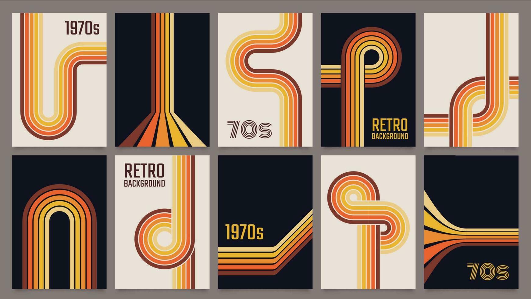 vintage Anos 70 geométrico cartazes, abstrato retro listras fundos. minimalista Década de 1970 estilo cor linhas impressão ou poster modelo vetor conjunto