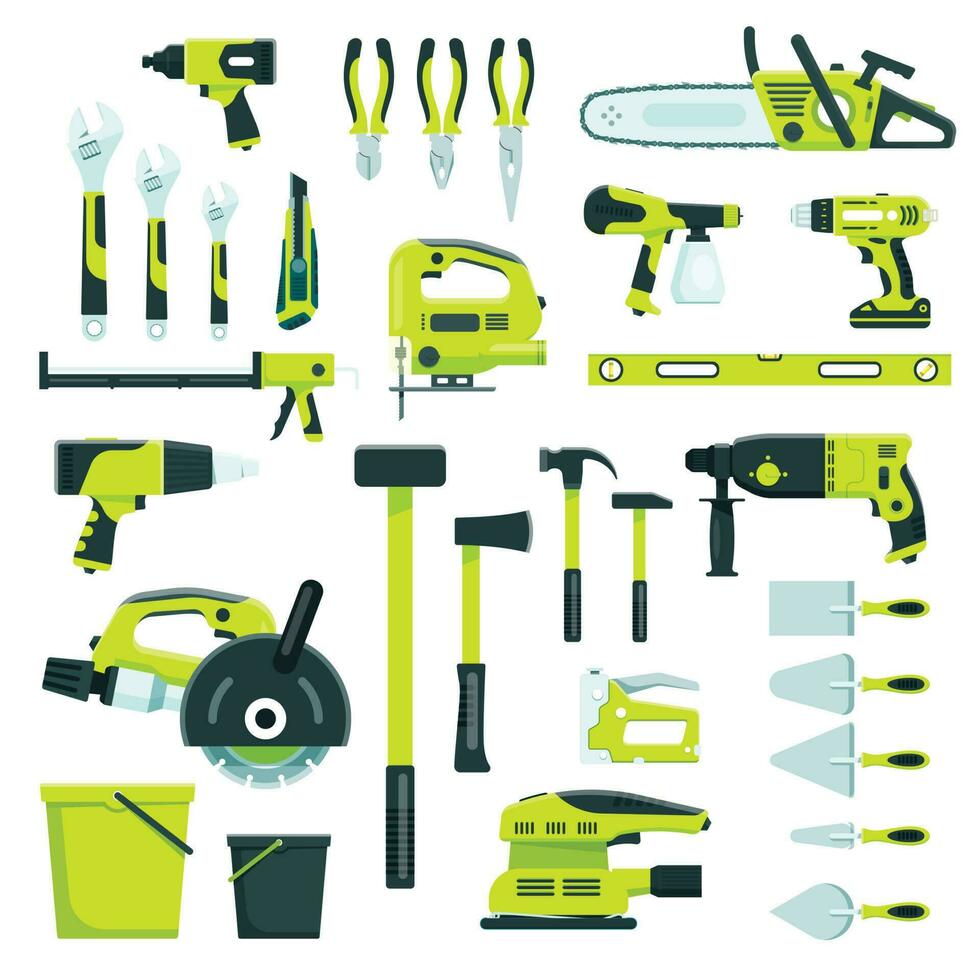 trabalhando ferramentas, construção e reparar equipamento, construção instrumentos. martelo, chave inglesa, alicate, casa renovação carpinteiro ferramenta vetor conjunto