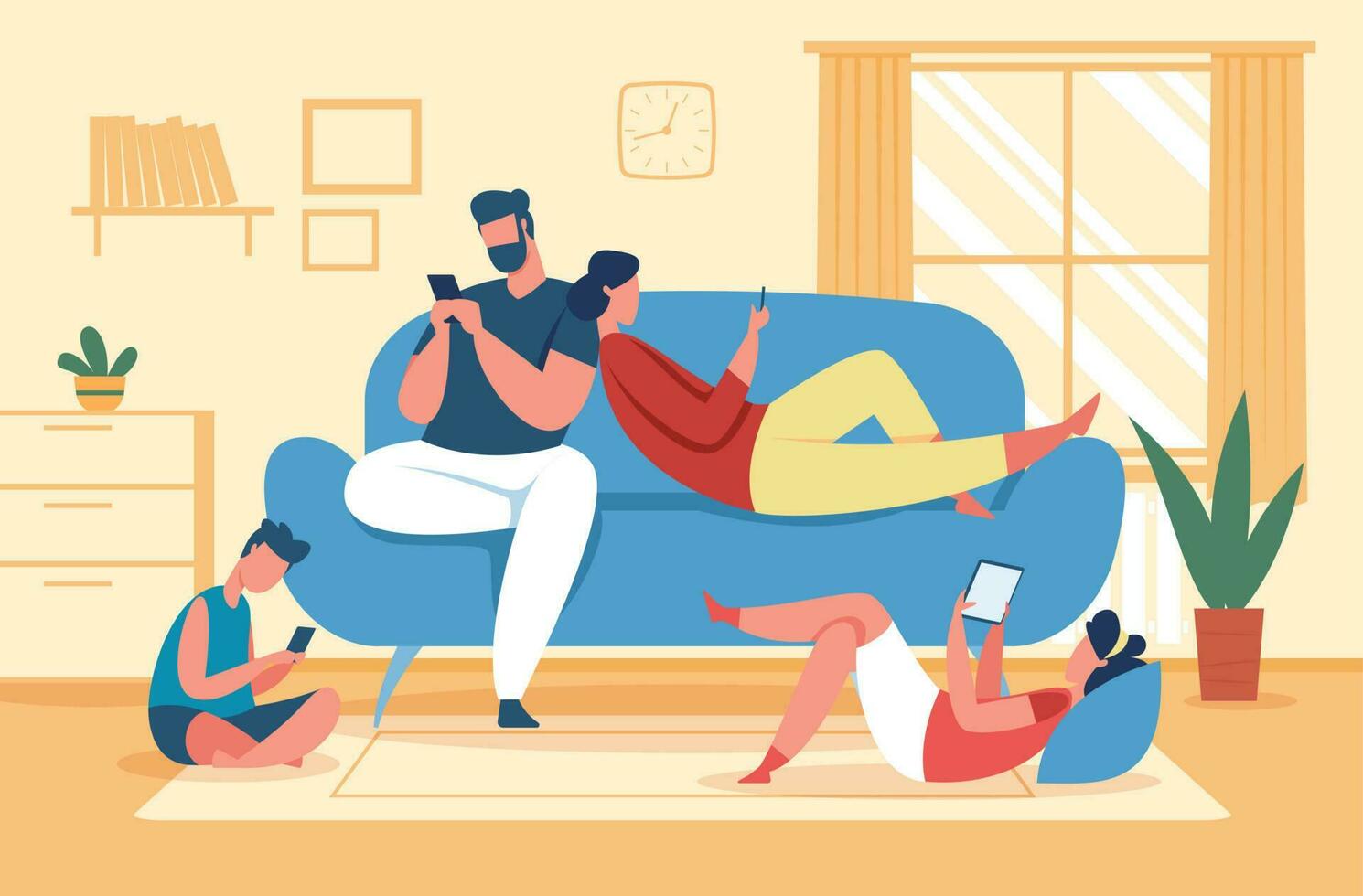 família usando smartphones e comprimidos, pais e crianças com telefones. social meios de comunicação vício, crianças usar aparelhos às casa vetor ilustração