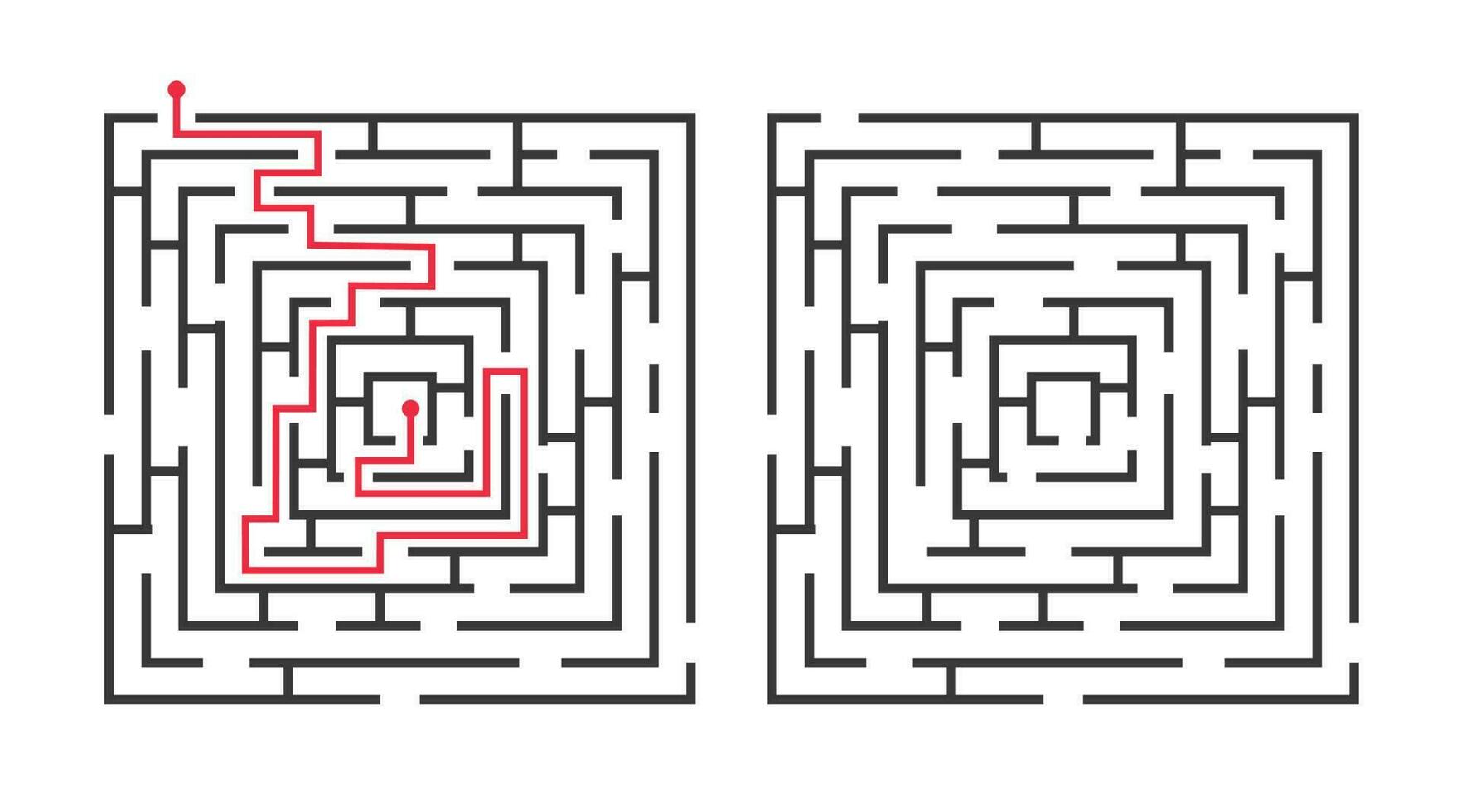 quadrado labirinto jogos com solução, rota achando quebra-cabeça. simples lógico Labirinto para crianças, encontrar caminho enigma com responda vetor ilustração