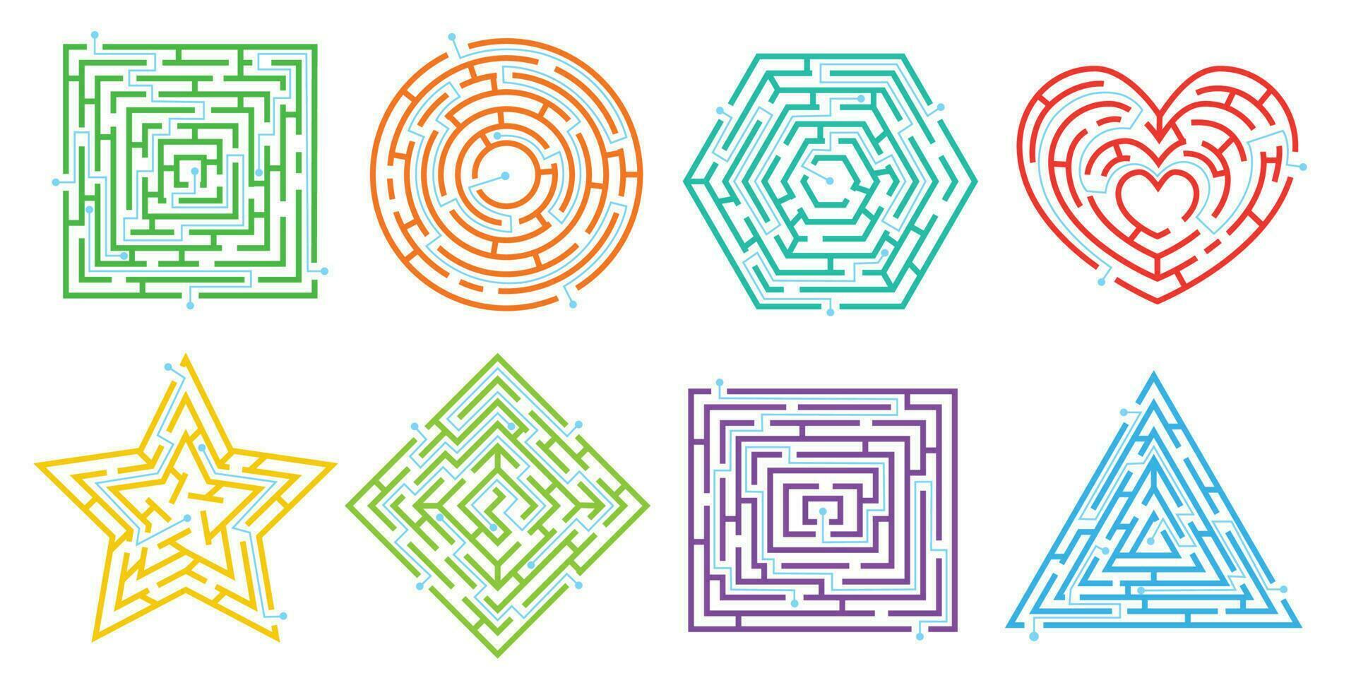 Labirinto enigma jogos dentro diferente formas, simples labirintos para crianças. rota achando jogo, labirinto quebra-cabeças, encontrar caminho charadas vetor conjunto