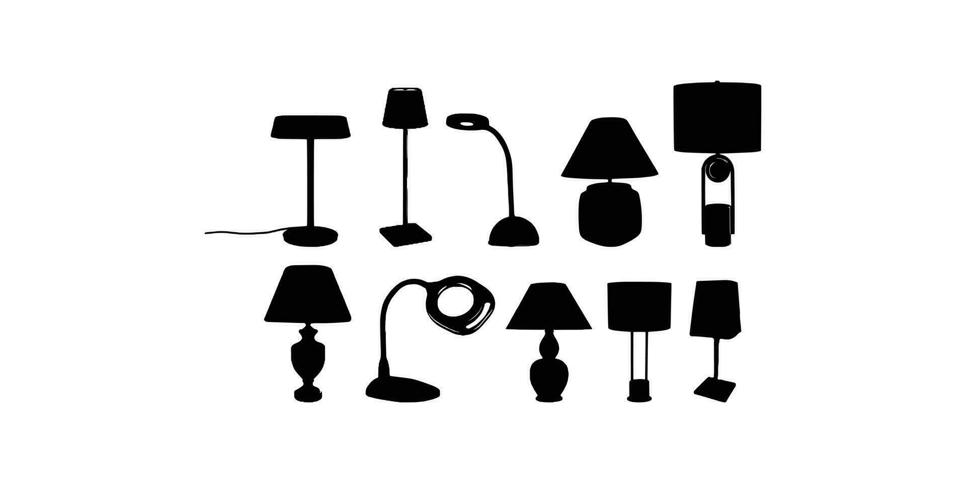 dez mesa luz silhueta, lâmpadas plano estilo vetor ilustração. Preto luz, luminária silhueta definir, lâmpadas definir.