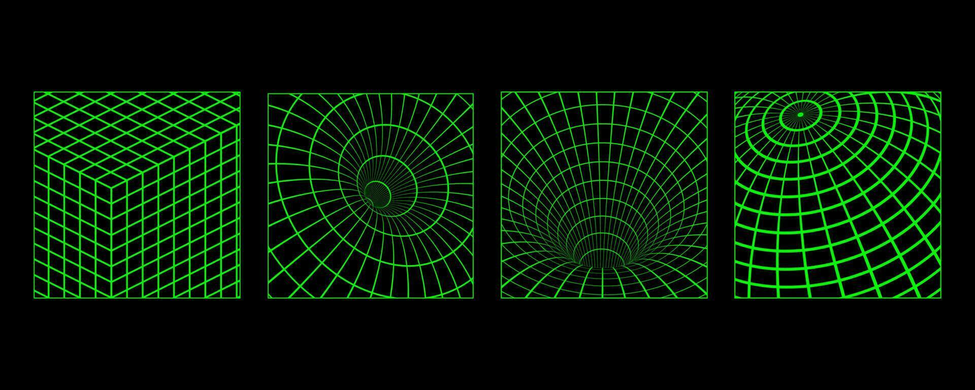 3d estrutura de arame cartazes com geométrico formas e grades dentro na moda retro cyberpunk anos 80 anos 90 estilo. ano 2000 estético vetor