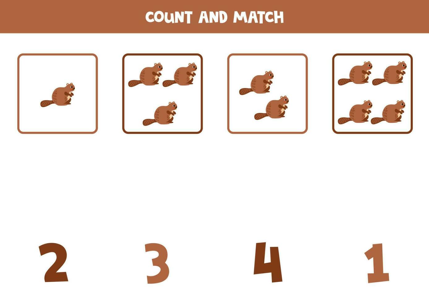 contando jogos para crianças. contagem todos castores e Combine com números. planilha para crianças. vetor