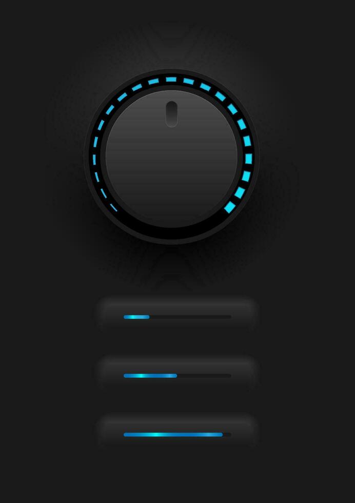 abstrato eletrônico tecnologia circular volume botão e conduziu luz mínimo e para máximo quadrado 3 com conduziu indicador Preto gradiente fundo vetor