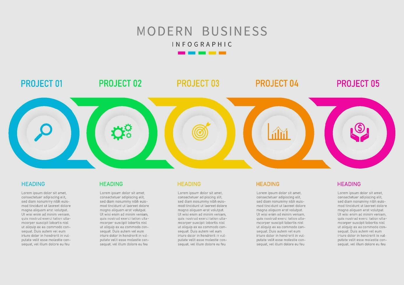 infográfico 5 projeto planejamento multi colori círculos contíguo lá é a ícone dentro a meio. superior e mais baixo cartas cinzento gradiente fundo vetor