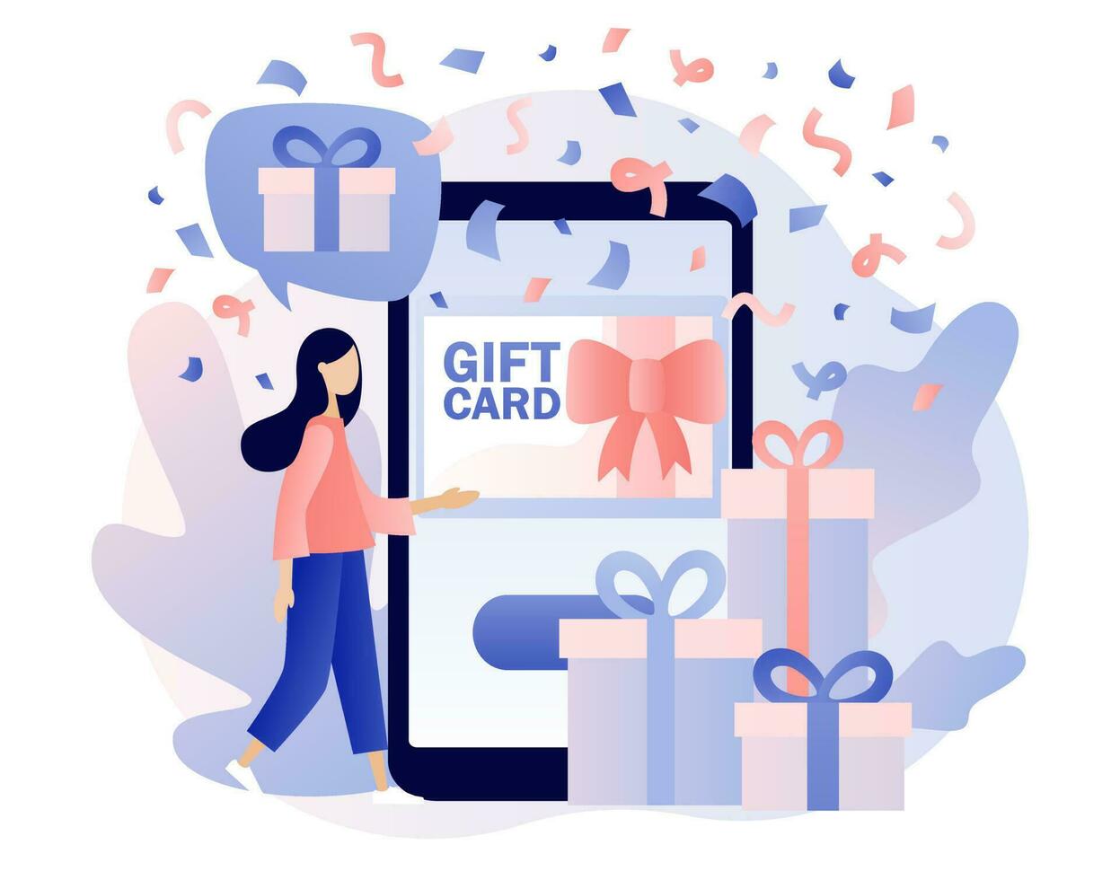 presente cartão, certificado, comprovante ou cupom conectados dentro Smartphone aplicativo. promoção estratégia conceito. oferta, fidelidade programa, bônus, marketing. moderno plano desenho animado estilo. vetor ilustração