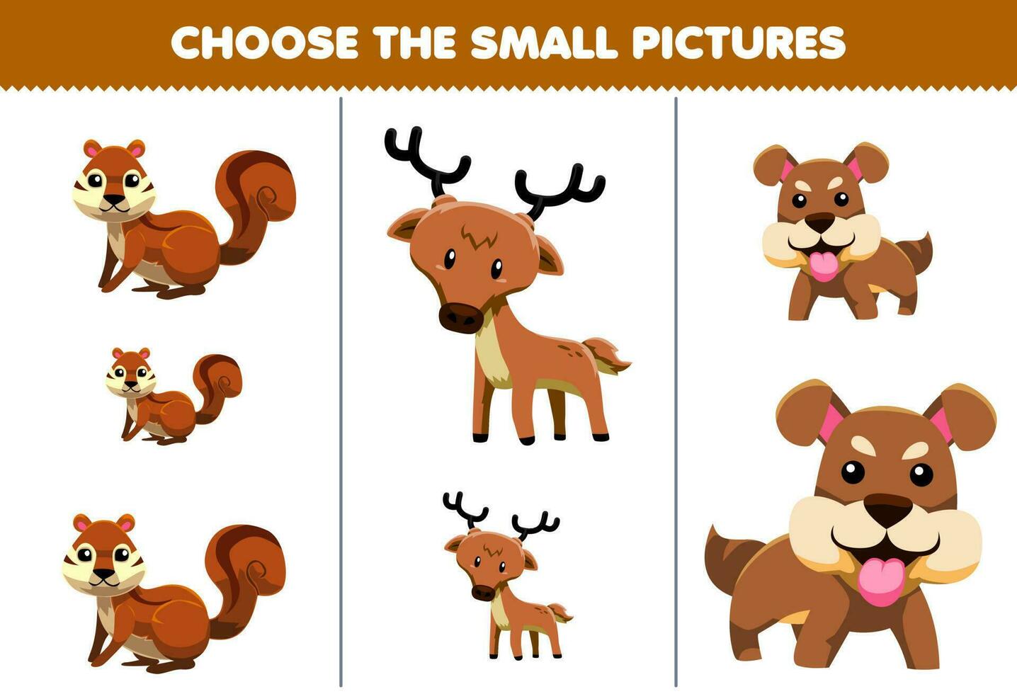 Educação jogos para crianças escolher a pequeno cenário do fofa desenho animado esquilo veado cachorro imprimível animal planilha vetor