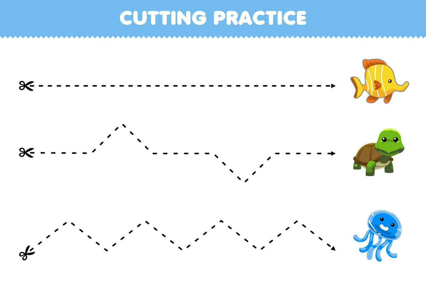 Educação jogos para crianças corte prática com fofa desenho animado peixe tartaruga medusa cenário imprimível animal planilha vetor