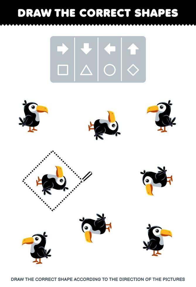 Educação jogos para crianças desenhar a corrigir forma de acordo com para a direção do fofa desenho animado tucano As fotos imprimível animal planilha vetor