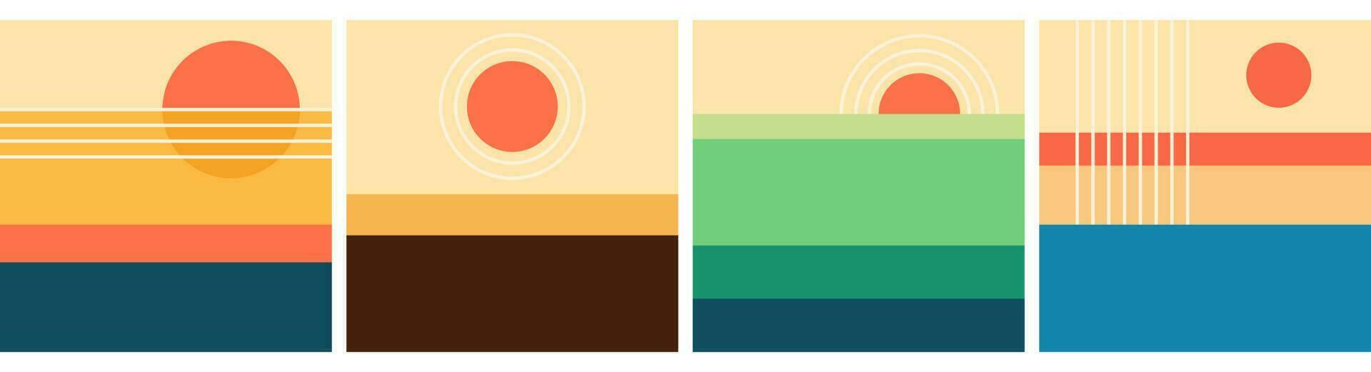 Anos 70 retro ou vintage vetor ilustração. abstrato contemporâneo estético fundos. plano panorama. Sol dentro a céu minimalista.