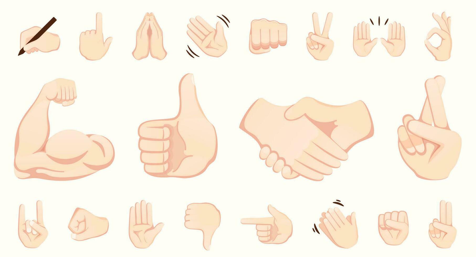 mão gesto emojis ícones coleção. aperto de mão, bíceps, aplausos, dedão, paz, Rocha sobre, OK, pasta mãos gesticulando. conjunto do diferente emoticon mãos isolado vetor ilustração.