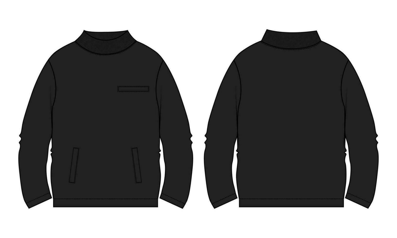 grandes manga suéter técnico desenhando moda plano esboço vetor ilustração Preto cor modelo frente e costas Visualizações.