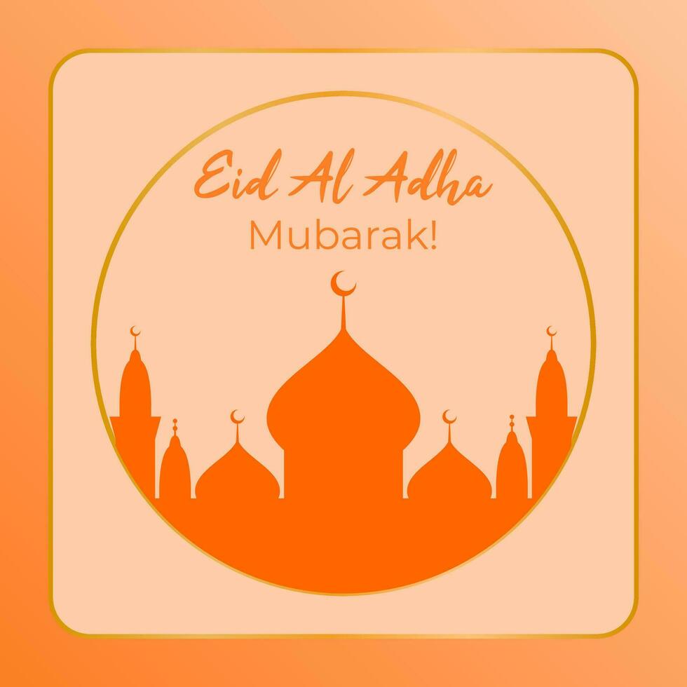 eid al adha Mubarak para uma cumprimento cartão com a laranja mesquita silhueta isolado dentro cremoso fundo. lindo eid al adha Mubarak com mesquita fundo Projeto vetor. vetor