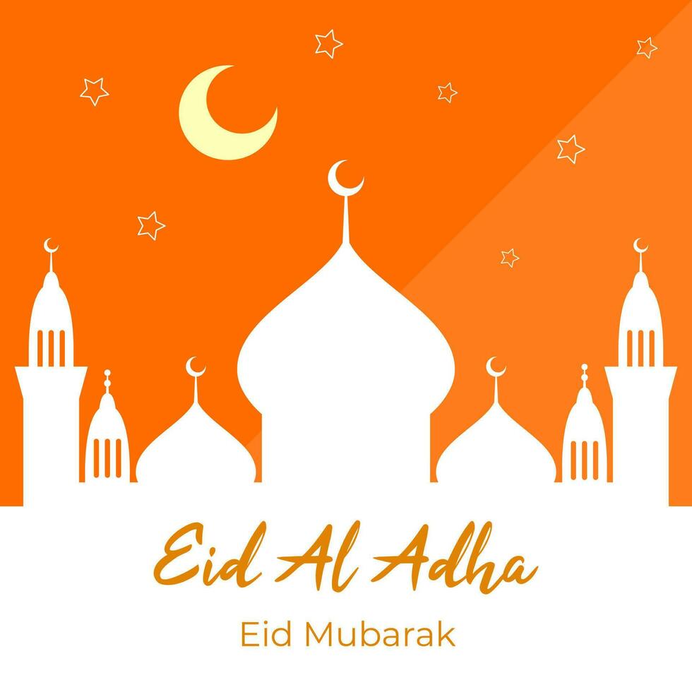 eid al adha Mubarak para uma cumprimento cartão com uma branco mesquita silhueta isolado dentro laranja fundo. lindo eid al adha Mubarak com mesquita fundo Projeto vetor. vetor