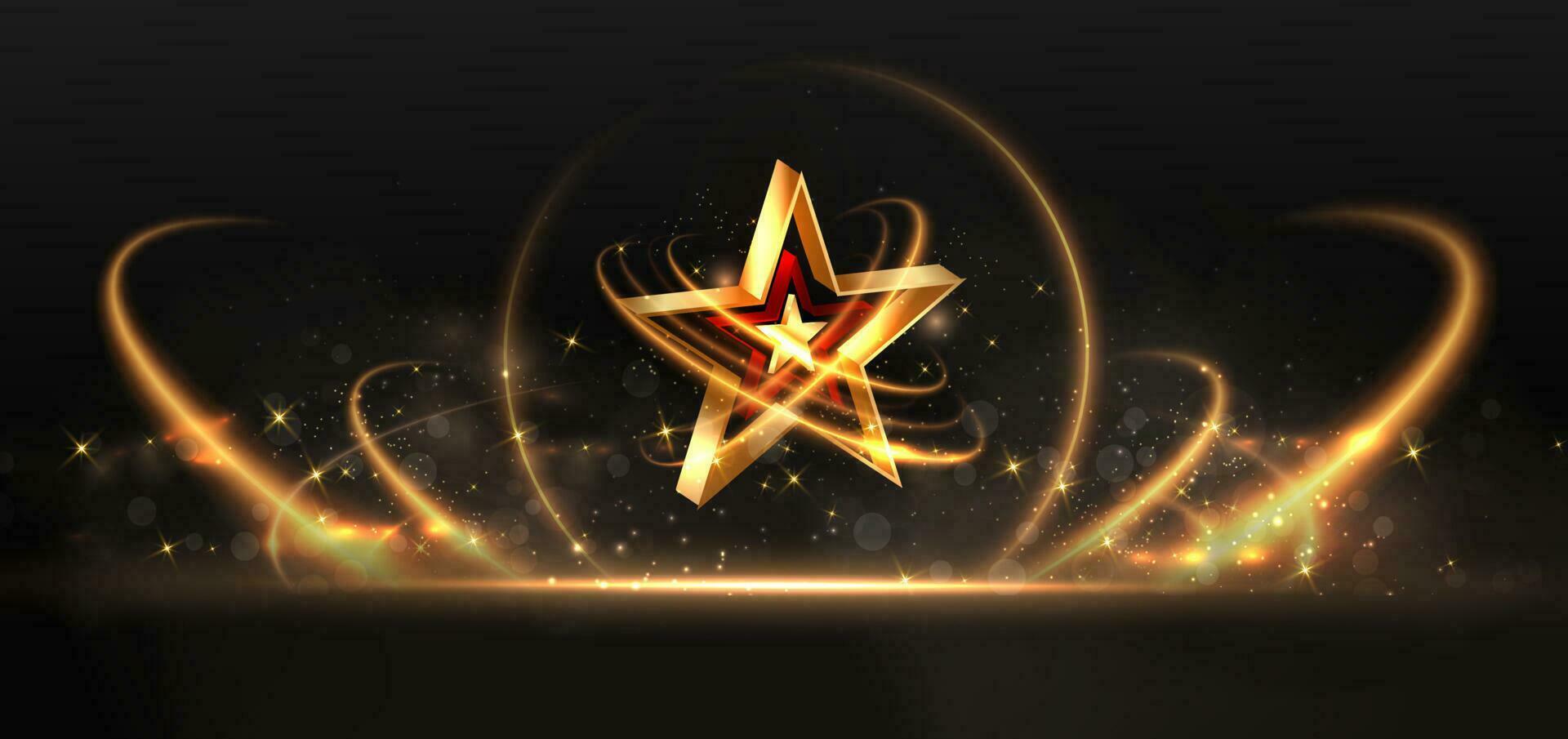 3d dourado Estrela com dourado em Preto fundo com iluminação efeito e brilhar. luxo modelo celebração prêmio Projeto. vetor