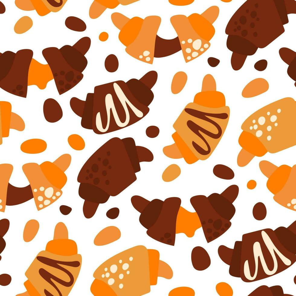 a Projeto com uma croissant padronizar é avião e chocolate com pontos e linhas. cozimento fundo com croissant e pontos. desatado padronizar com colori croissants e decoração em uma branco fundo vetor