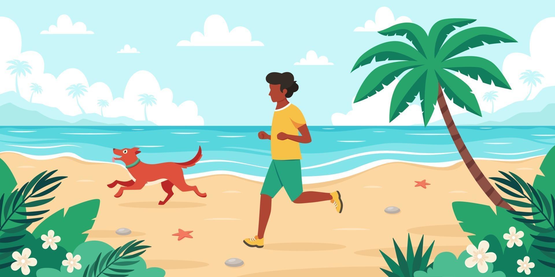 tempo de lazer na praia. homem negro correndo com o cachorro. horário de verão. ilustração vetorial vetor