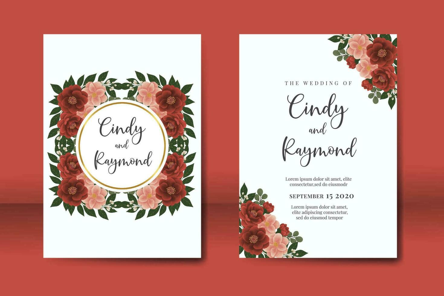 Casamento convite quadro, Armação definir, floral aguarela digital mão desenhado vermelho camélia flor Projeto convite cartão modelo vetor