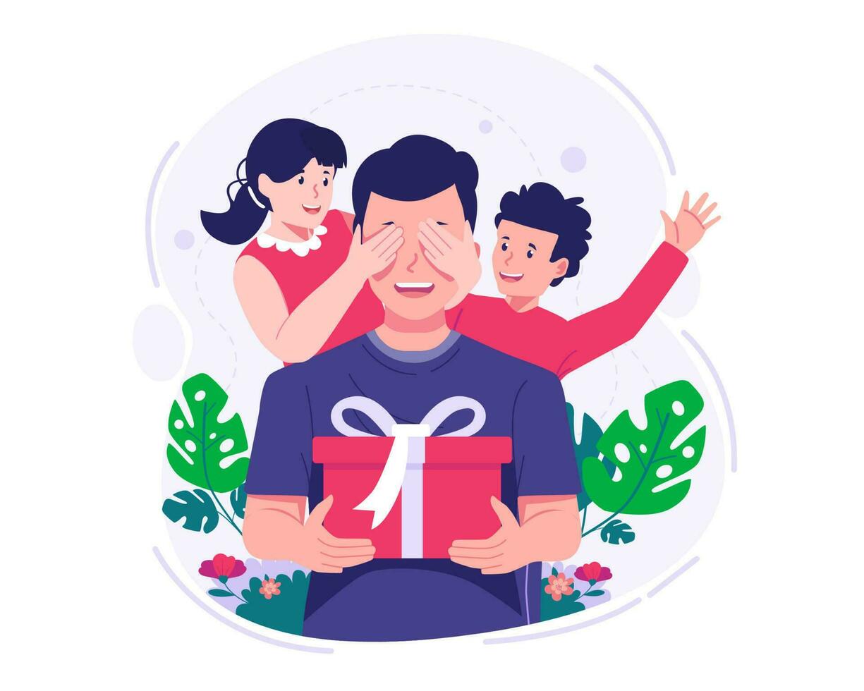 crianças dar uma presente para a pai. uma filha e filho surpresa uma pai e dar uma presente para a pai. feliz do pai dia. vetor ilustração