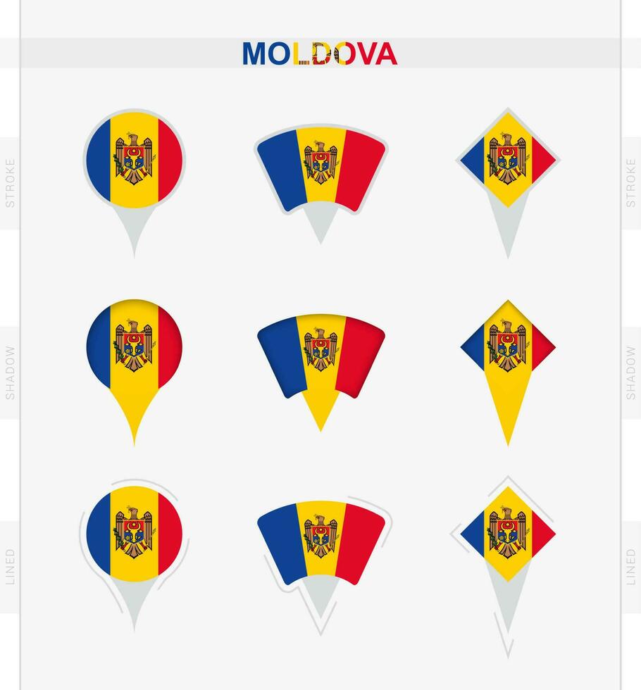 Moldova bandeira, conjunto do localização PIN ícones do Moldova bandeira. vetor