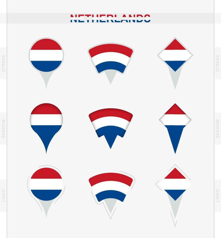 Países Baixos bandeira, conjunto do localização PIN ícones do Países Baixos bandeira. vetor