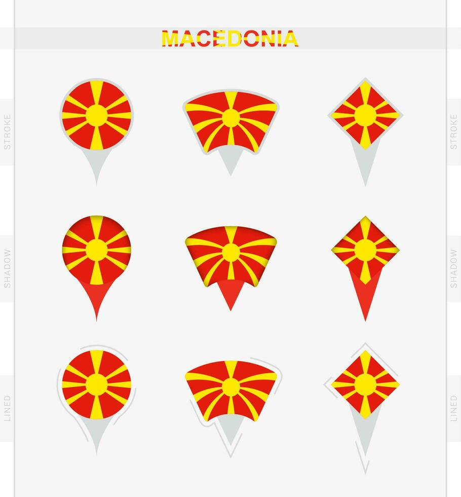 Macedônia bandeira, conjunto do localização PIN ícones do Macedônia bandeira. vetor