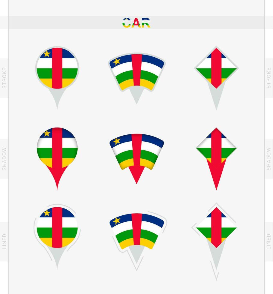 central africano república bandeira, conjunto do localização PIN ícones do central africano república bandeira. vetor