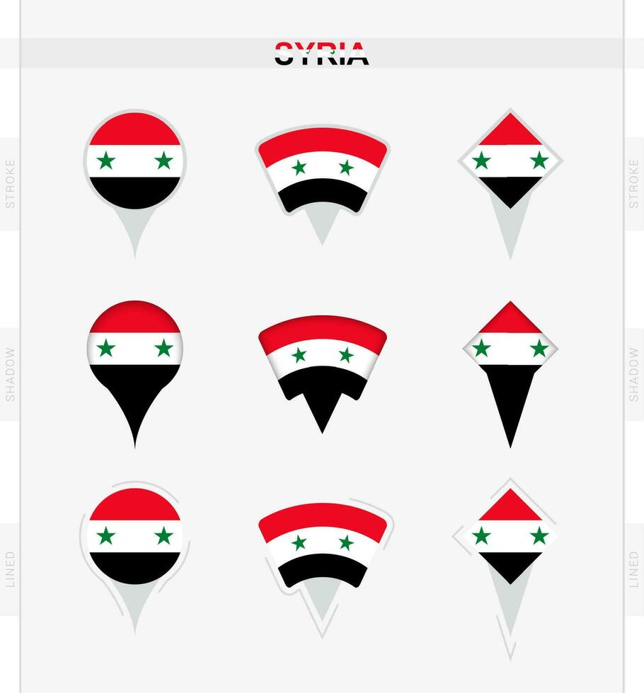 Síria bandeira, conjunto do localização PIN ícones do Síria bandeira. vetor