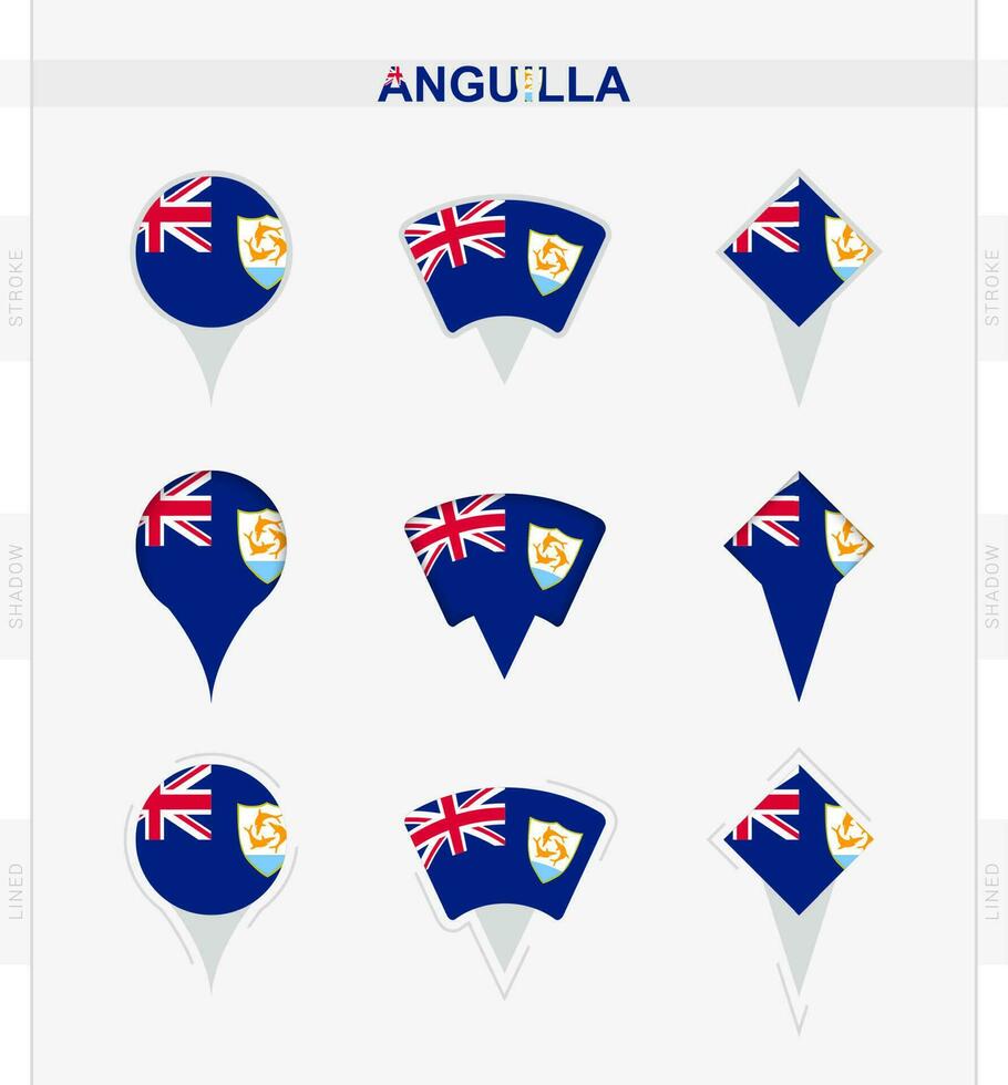 anguila bandeira, conjunto do localização PIN ícones do anguila bandeira. vetor