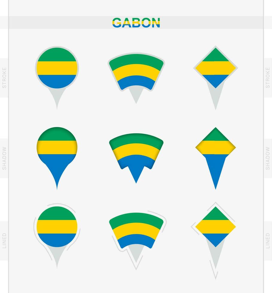 Gabão bandeira, conjunto do localização PIN ícones do Gabão bandeira. vetor