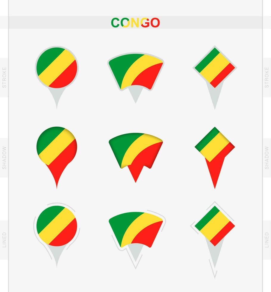 Congo bandeira, conjunto do localização PIN ícones do Congo bandeira. vetor